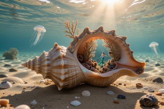 A digitally created conch shell features a mermaid inside its cavity, surrounded by coral and small marine organisms in an underwater scene.
