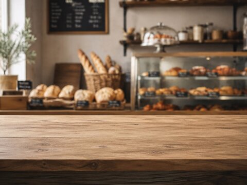 Warm bakery interior featuring an empty wooden counter, artisan bread, pastries, shelves, and a softly blurred caf&eacute; background. Rustic Bakery Counter with Fresh Bread Display