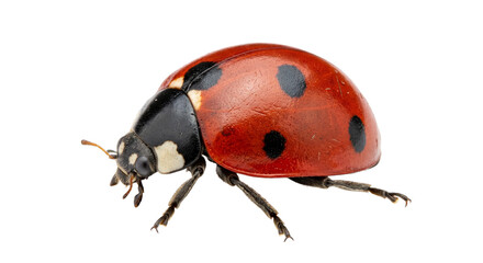 Detailed macro shot of a red ladybug with black spots on a white background © Sapphire