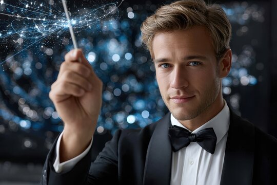 Magician performs captivating illusion with magic wand in elegant setting at night