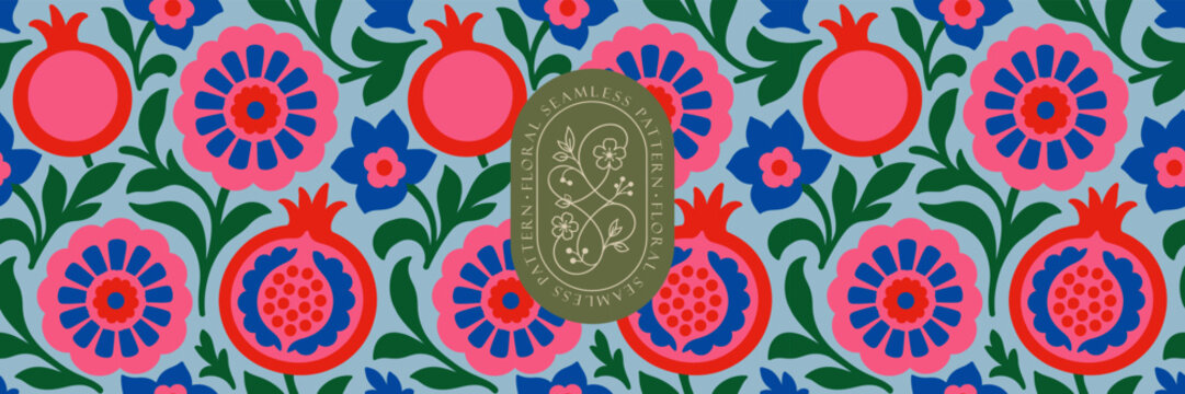 Floral seamless pattern. Vector bold naive abstract illustrations of stylized flowers and leaves for background, wallpaper, packaging, wrapping paper, textile, label and banner