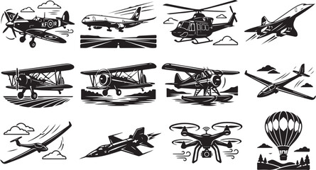 Collection of twelve black and white aviation featuring vintage propeller planes, modern jet fighters, a helicopter, a seaplane, a glider, a quadcopter drone, and a hot air balloon in flight © MdAbu