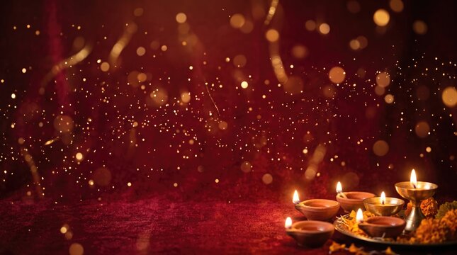Diwali (India, UK heavy buyers) (date varies) abstract background 2026 Traditional diya oil lamps glowing in a dark cosmic background with golden sparkles