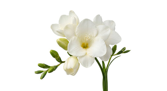 Delicate white freesia flowers and buds on a stem against a white background