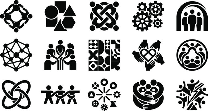 Abstract community icons set, 15 black vector teamwork symbols, corporate partnership and social connection logos for business branding