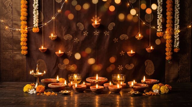 Diwali (India, UK heavy buyers) (date varies) abstract background 2026 Traditional diya oil lamps arranged with hanging decorative lights in warm setting