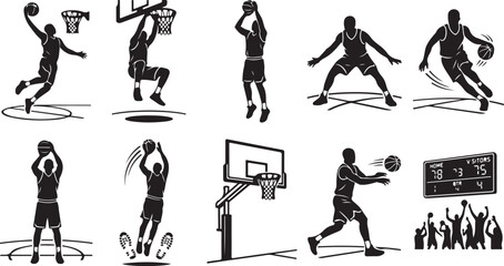 Set of black basketball silhouettes featuring players dunking, shooting, dribbling, and passing, with a hoop, scoreboard, and cheering crowd on a white background © MdAbu