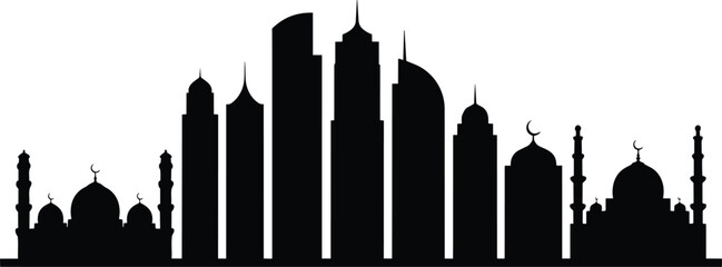 Modern city skyline silhouette featuring tall skyscraper buildings and traditional islamic mosques with domes and crescent moon symbols and mosque © Laila