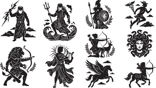 Set of black and white silhouettes depicting greek mythology figures, including zeus with lightning, poseidon with trident, athena, hermes, medusa, apollo with lyre, artemis, pegasus, and a centaur