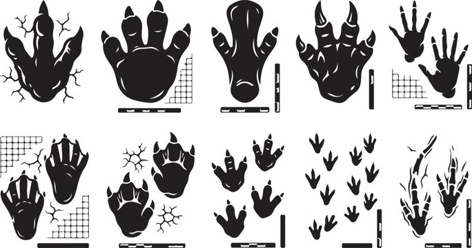 Set of black silhouette dinosaur footprints and tracks, including various theropod and raptor claw marks with scale rulers and cracked ground textures on a white background