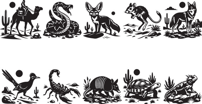 Set of ten black and white desert animal featuring a camel, snake, fennec fox, jerboa, coyote, roadrunner, scorpion, armadillo, tortoise, and horned lizard in a style