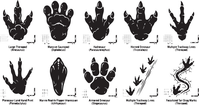 Set of ten black and white dinosaur footprint including theropod, sauropod, hadrosaur, horned dinosaur, pterosaur, marine reptile flipper, and fossilized trackway impressions with labels