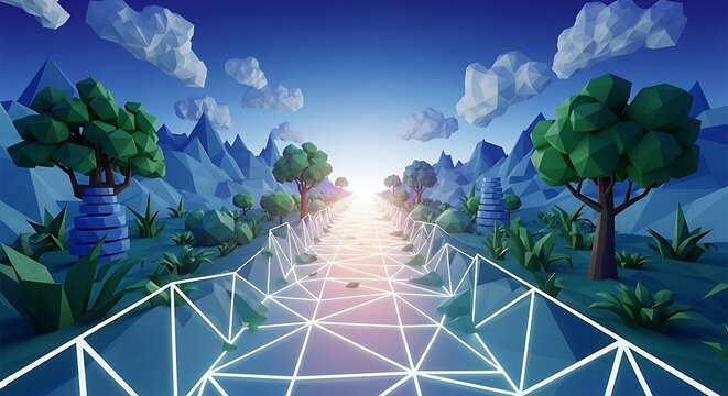 Digital wireframe path leading towards a bright horizon in nature with wireframe