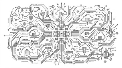 Obraz premium Futuristic Data Network Line Illustration Set with Neon Nodes, Digital Connections and Technology Flow Concept