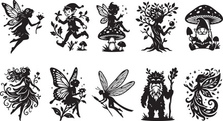 Set of ten black silhouette featuring magical forest creatures, including fairies with wings, a running elf, a gnome with a mushroom, a tree spirit, and a bearded woodland guardian © MdAbu