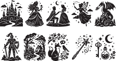 Set of ten black silhouette featuring fantasy including a castle, princess, prince, fairy, dragon, knight, enchanted forest, fox, magic wand, and potion bottle with a key © MdAbu