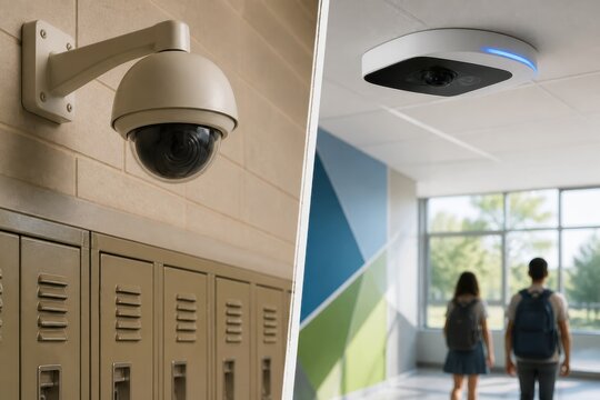 School security camera monitoring hallway with students