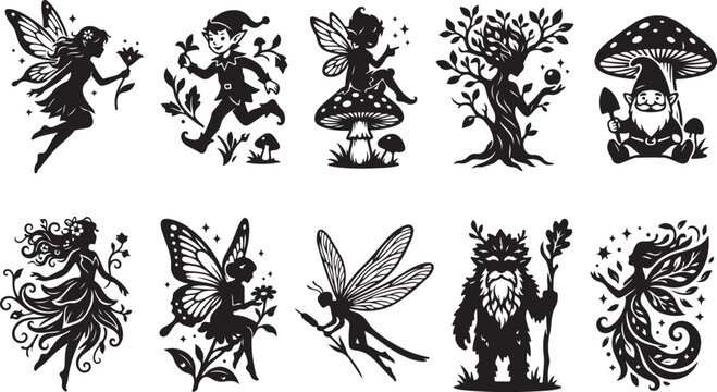 Set of ten black silhouette featuring magical forest creatures, including fairies with wings, a running elf, a gnome with a mushroom, a tree spirit, and a bearded woodland guardian