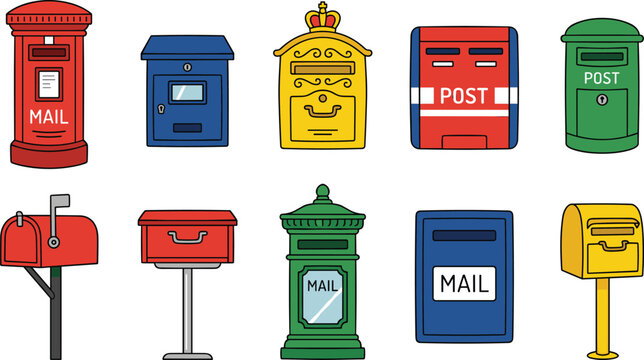 Traditional postbox and mailbox vector set featuring international mail boxes street pillars and residential drop box designs doodle illustration