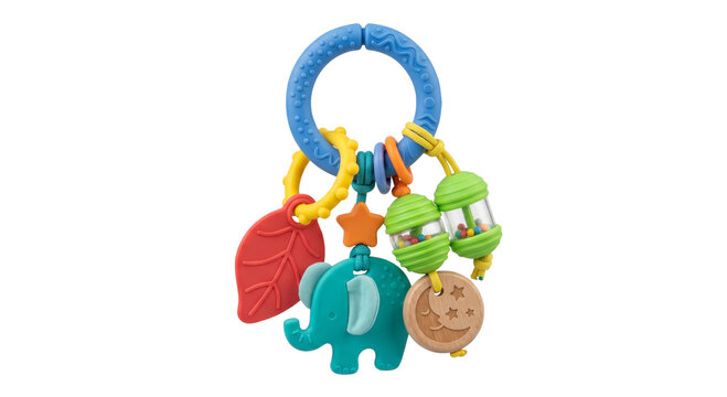 Colorful baby's sensory toy with elephant, leaf, and rattle elements