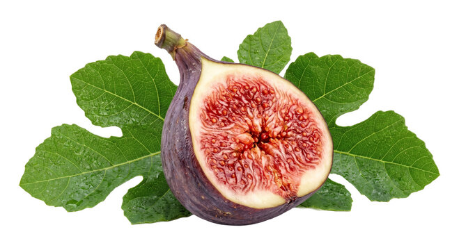 Fresh ripe fig cut in half showing juicy red interior and green leaves