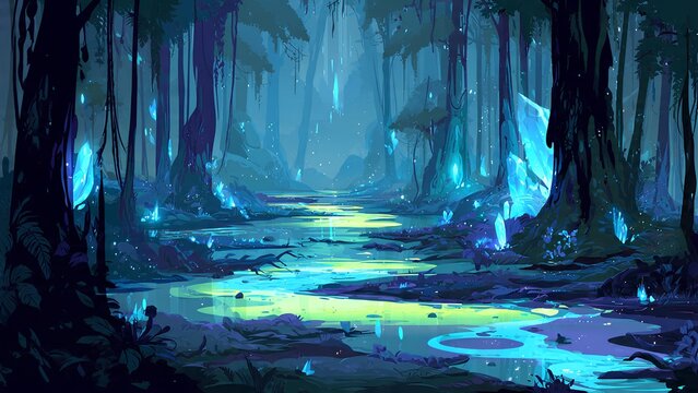 A mystical, glowing forest with a winding river reflecting the ethereal blue and green light of luminous crystals and strange flora.