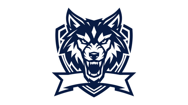 Aggressive wolf mascot logo with shield and banner.