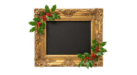 Ornate golden frame with festive holly and berries for Christmas greetings © Sapphire