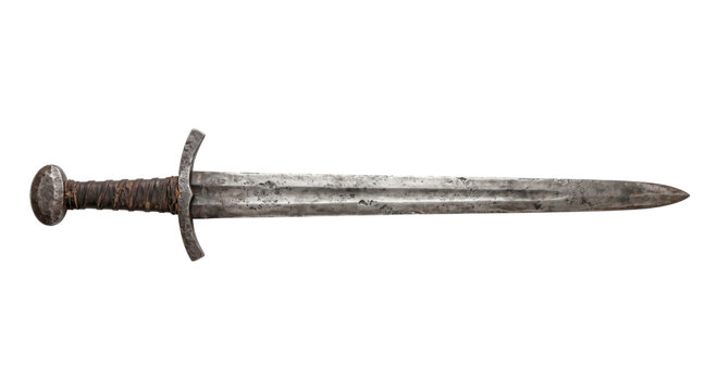 Ancient medieval sword with weathered steel blade and leather-wrapped hilt