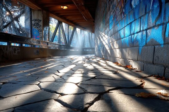 Sunlit Walkway Under Bridge with Graffiti