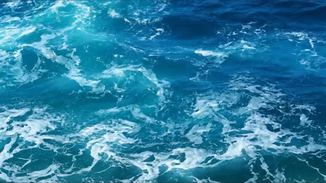 The deep blue ocean waves crash with white sea foam patterns