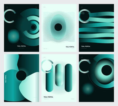 Teal Portal abstract poster collection, futuristic geometric vector set with 6 layouts, modern gradient shapes for branding and digital art