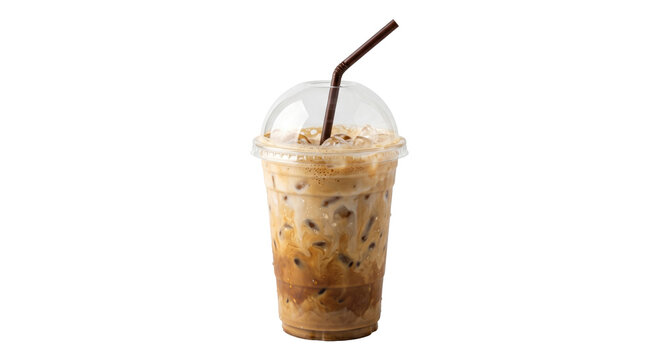 Refreshing iced coffee with cream and ice in a clear plastic cup