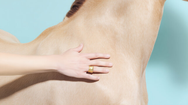 Mano con anillo de oro acariciando suavemente un caballo blanco, conexi&oacute;n emocional y tacto entre humano y animal con elegancia