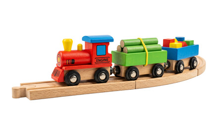 Colorful wooden toy train carrying logs and blocks on a track © Sapphire