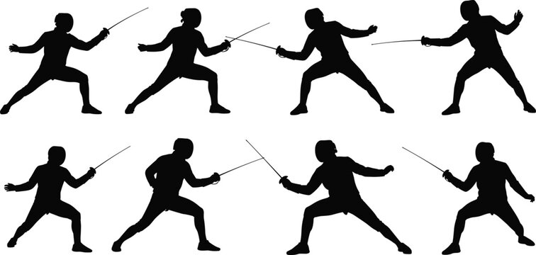 Fencing silhouette collection, sword combat artwork, athletic duel vector, protective gear illustration, sports training design, foil &eacute;p&eacute;e sabre graphic set