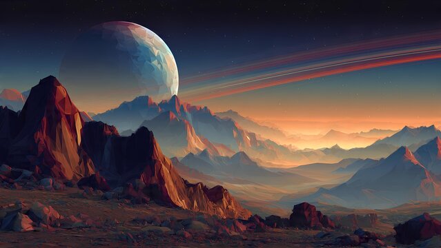A breathtaking alien landscape with towering mountains under a giant planet in the sky at sunset.