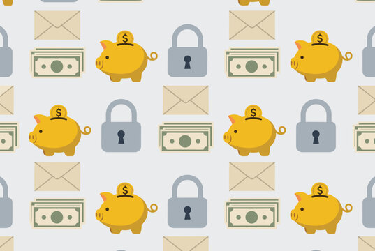 Finance seamless pattern showcasing cute golden piggy banks, cash money, locked padlocks, and envelopes on grey.