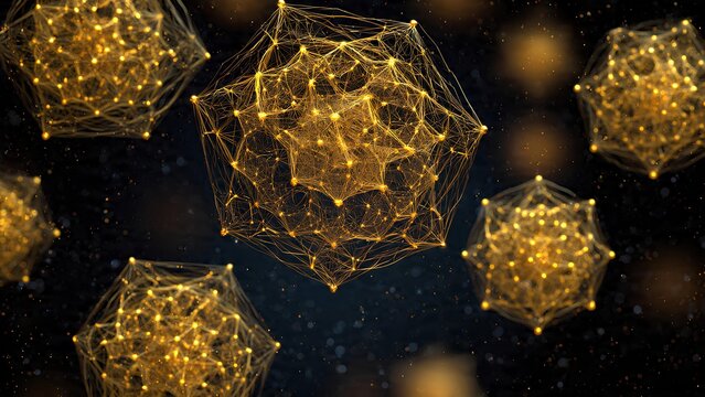 Abstract visualization of interconnected golden geometric structures resembling nanoparticles or molecular formations against a dark, starry background.