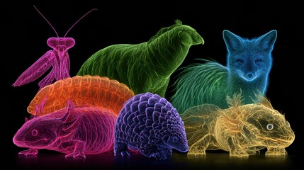 Fototapeta premium Ten niche animals glow in neon colors across a wide scene featuring mantis shrimp, axolotl, tardigrade, pangolin, and more