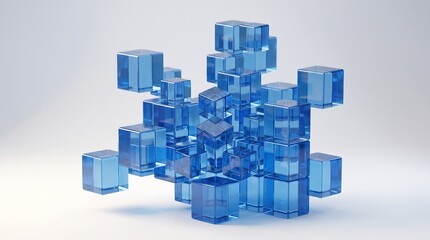 Obraz premium Abstract composition of translucent blue cubes forming a complex, interconnected geometric structure against a light background.