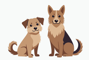 Fototapeta premium Two cute domestic cartoon dogs of different breeds sitting together and looking forward on a plain white background.