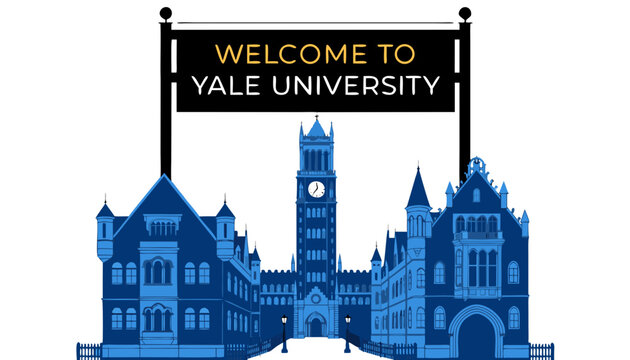 Very beautiful realistic vector illustration of the prestigious Yale University entrance featuring a bold welcome sign reading "WELCOME TO YALE UNIVERSITY", Harkness Tower, historic Gothic campus, iso
