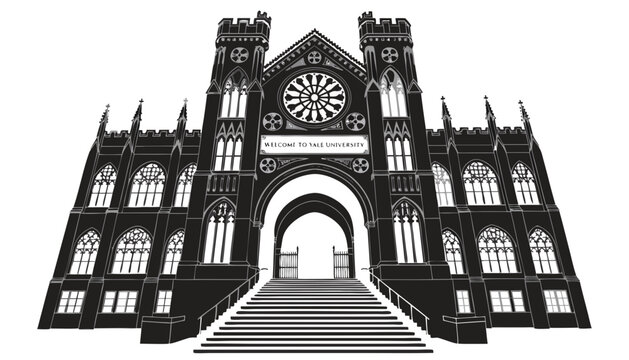 Very beautiful black and white realistic vector illustration of the Yale University entrance featuring an engraved sign reading "WELCOME TO YALE UNIVERSITY", detailed Gothic architecture, isolated on 