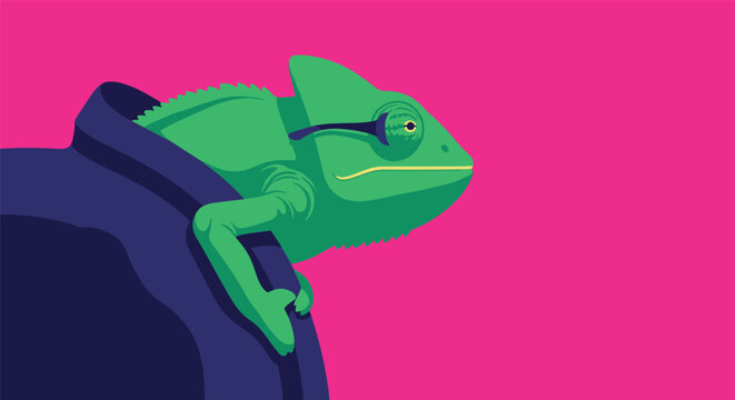 Cool green chameleon lizard wearing sunglasses looking out from a dark blue hat on bright pink background.