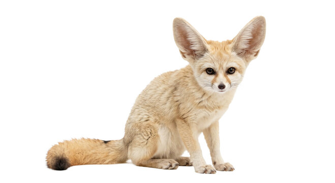 Adorable fennec fox with large ears sitting on a white background
