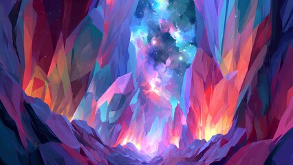 Obraz premium A vibrant, otherworldly cavern filled with glowing, colorful crystals and a nebula-like sky.