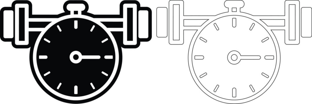 Stopwatch timer icon with dumbbells representing fitness tracking stopwatch dumbbells exercise training athletes coaching tracking performance physical