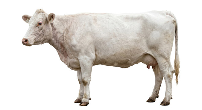 White Charolais cow standing in profile on a clean white background