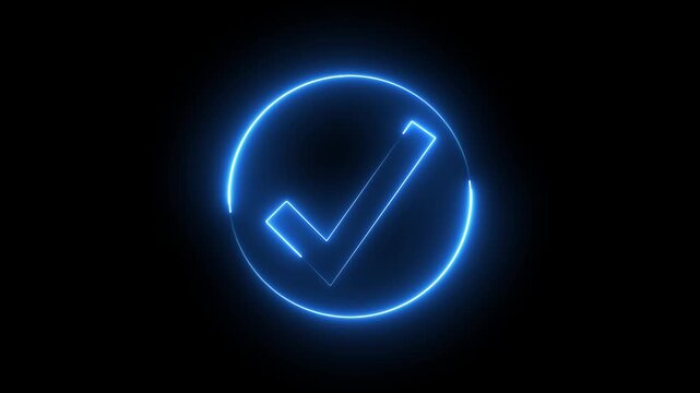 Glowing neon blue color checkmark sign icon animation circle tick accept done right confirm ok yes verify success sign symbol on black background